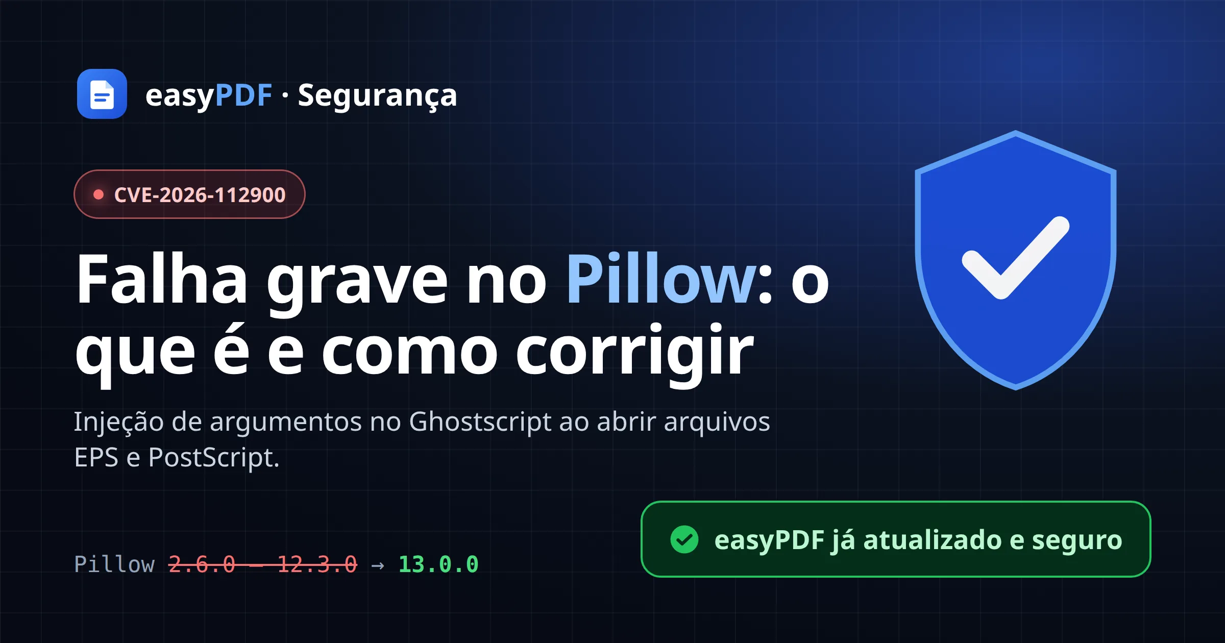 Falha grave no Pillow CVE-2026-112900: injeção de argumentos no Ghostscript, corrigida na versão 13.0.0