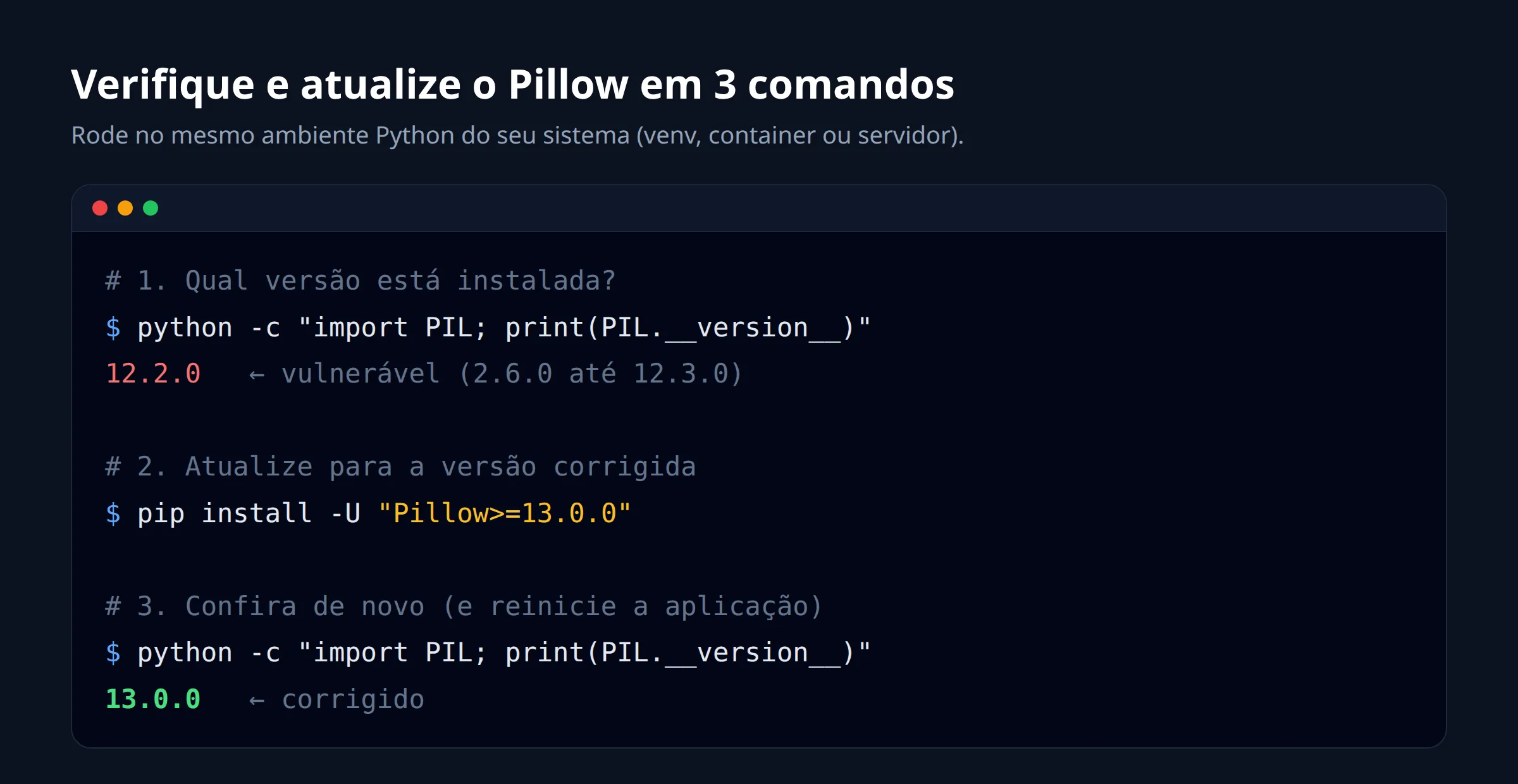 Comandos para verificar a versão do Pillow e atualizar para a 13.0.0 com pip